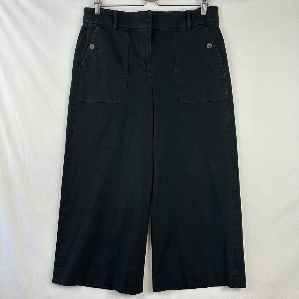 J Crew Cropped Pants 12 Black Wide Leg Chinos Button Pockets High Rise